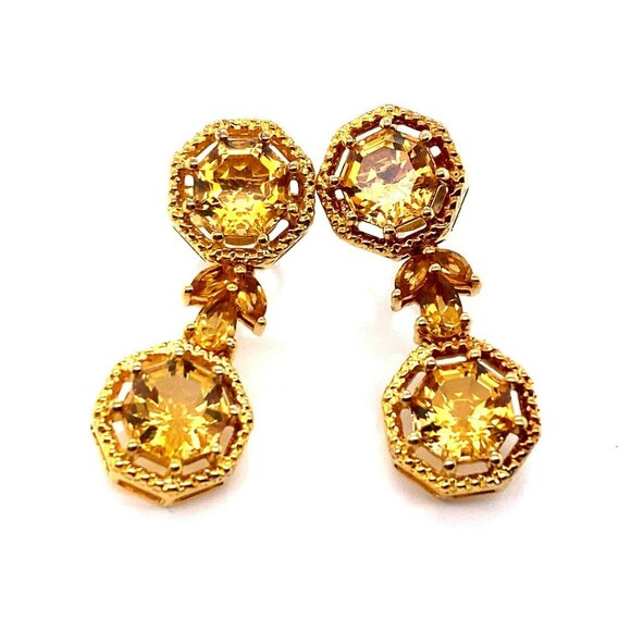 Designer FARA Gold Plate Sterling‎ Silver & Hexagon Cut Citrine Dangle Earrings - Picture 5 of 7